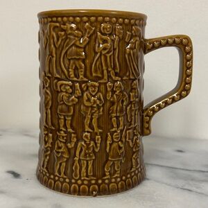Vintage Brown Ceramic Stein with Embossed Figures